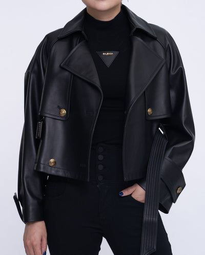 Black Cropped Short Leather Trench Coat