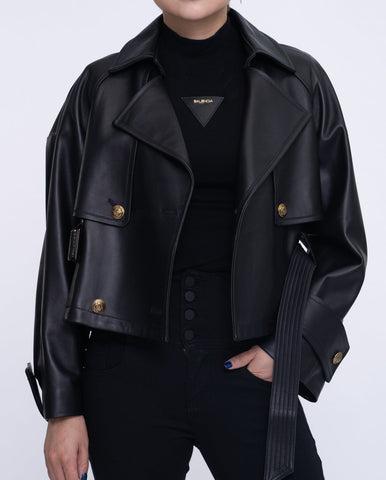 Black Cropped Short Leather Trench Coat