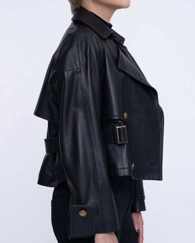 Black Cropped Short Leather Trench Coat