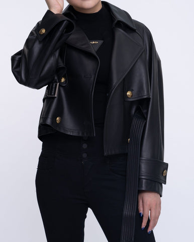 Black Cropped Short Leather Trench Coat