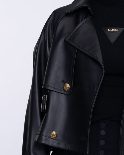 Black Cropped Short Leather Trench Coat