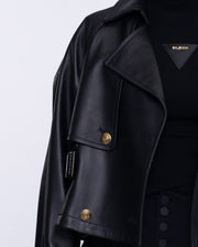 Black Cropped Short Leather Trench Coat
