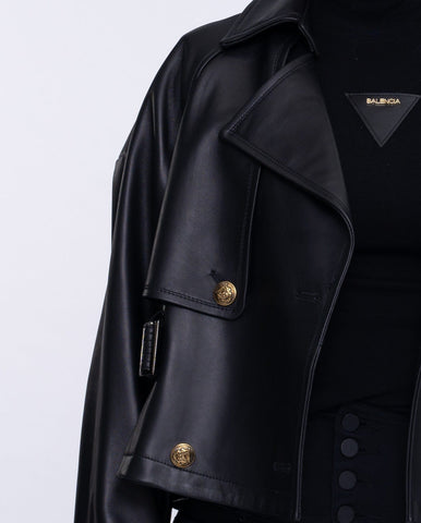 Black Cropped Short Leather Trench Coat