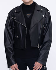 Woman's Black Cropped Short Moto Biker Leather Jacket