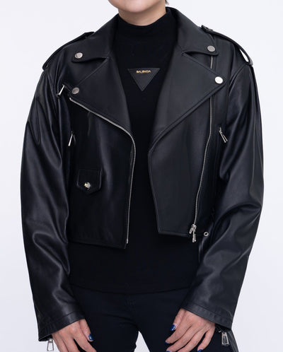 Woman's Black Cropped Short Moto Biker Leather Jacket