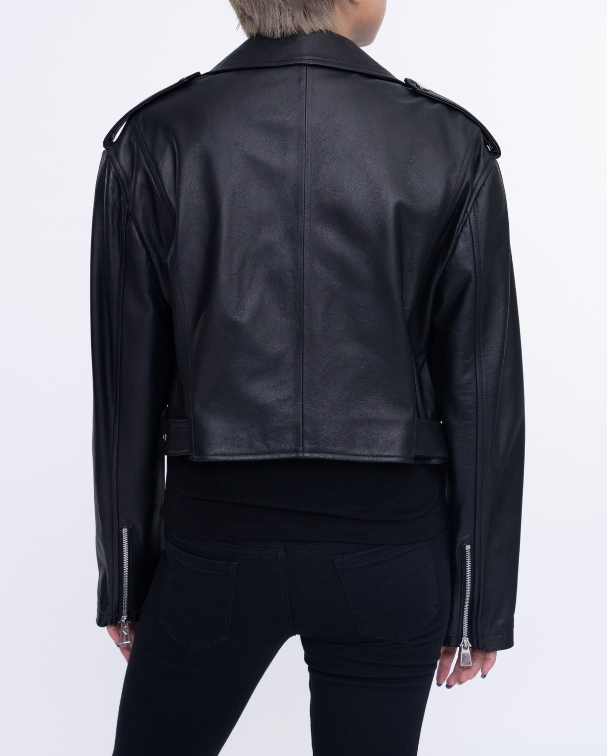 Woman's Black Cropped Short Moto Biker Leather Jacket