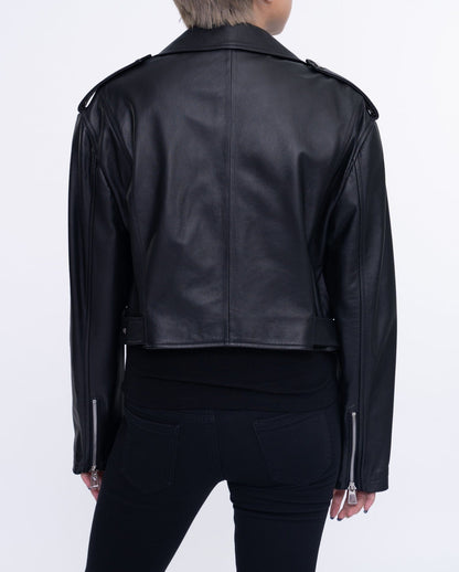 Woman's Black Cropped Short Moto Biker Leather Jacket