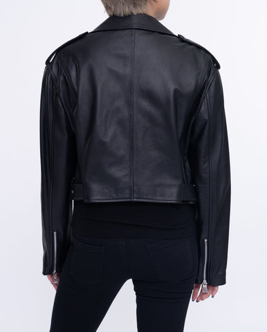 Woman's Black Cropped Short Moto Biker Leather Jacket