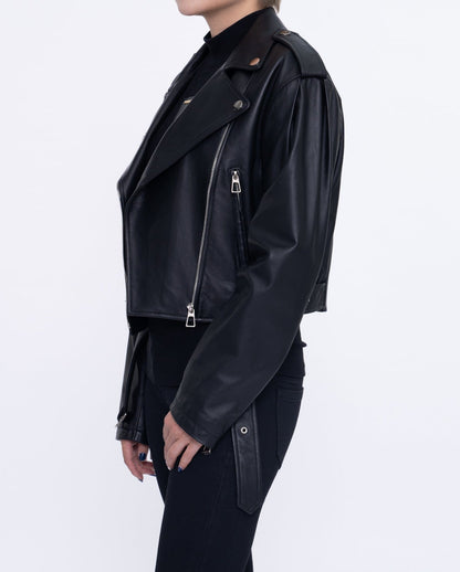 Woman's Black Cropped Short Moto Biker Leather Jacket