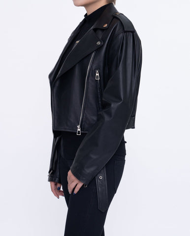 Woman's Black Cropped Short Moto Biker Leather Jacket