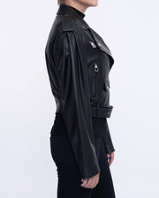 Woman's Black Cropped Short Moto Biker Leather Jacket