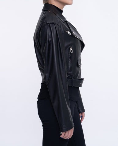 Woman's Black Cropped Short Moto Biker Leather Jacket