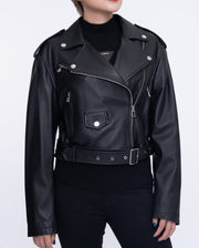 Woman's Black Cropped Short Moto Biker Leather Jacket