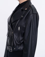Woman's Black Cropped Short Moto Biker Leather Jacket