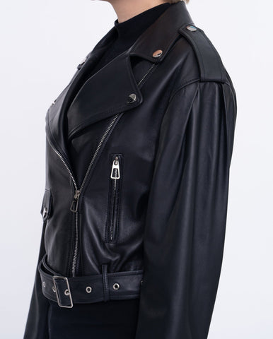 Woman's Black Cropped Short Moto Biker Leather Jacket