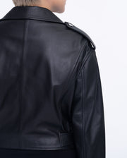 Woman's Black Cropped Short Moto Biker Leather Jacket