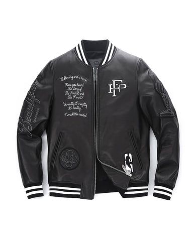 Black Patched Lambskin Varsity Letterman Bomber Leather Jacket