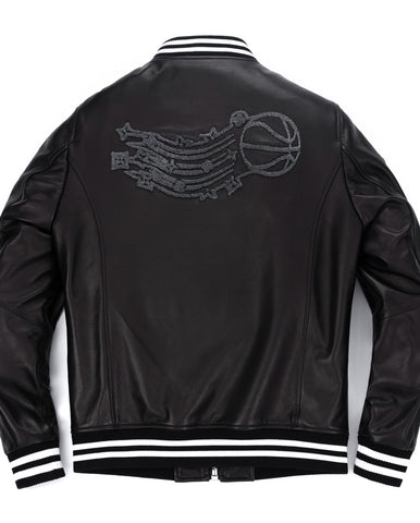 Black Patched Lambskin Varsity Letterman Bomber Leather Jacket