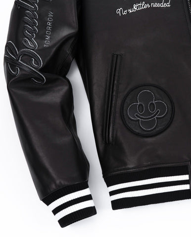 Black Patched Lambskin Varsity Letterman Bomber Leather Jacket