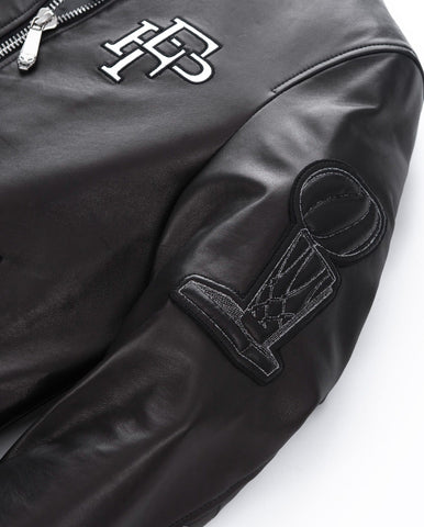 Black Patched Lambskin Varsity Letterman Bomber Leather Jacket