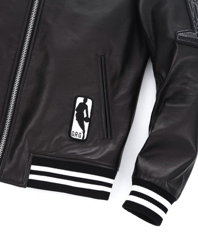 Black Patched Lambskin Varsity Letterman Bomber Leather Jacket