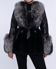 Women's Black Fox Fur Leather Down Jacket with Rivet Design