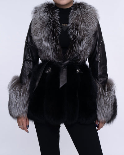 Women's Black Fox Fur Leather Down Jacket with Rivet Design