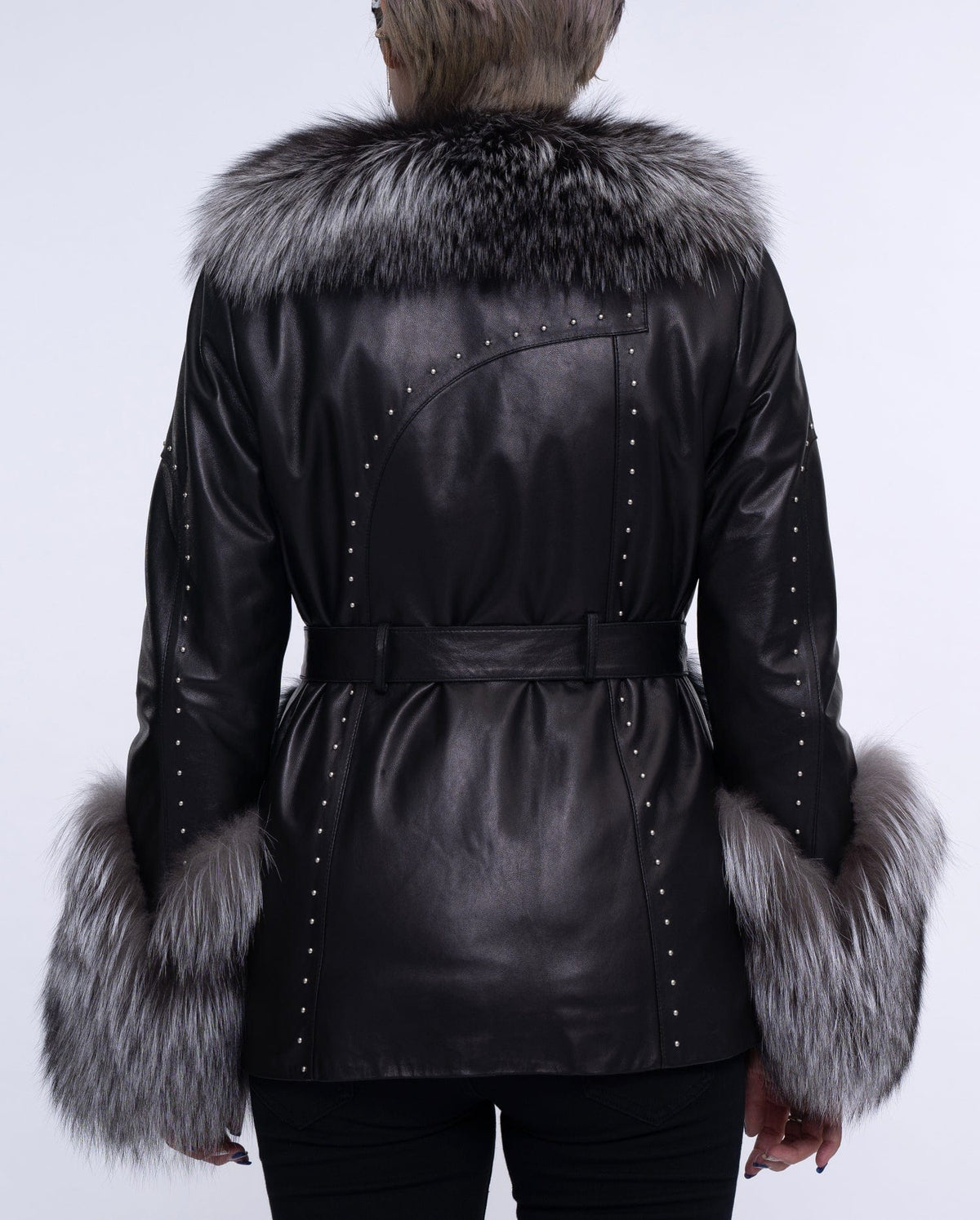 Women's Black Fox Fur Leather Down Jacket with Rivet Design