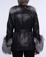 Women's Black Fox Fur Leather Down Jacket with Rivet Design