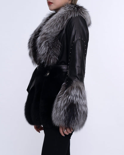 Women's Black Fox Fur Leather Down Jacket with Rivet Design