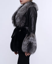 Women's Black Fox Fur Leather Down Jacket with Rivet Design