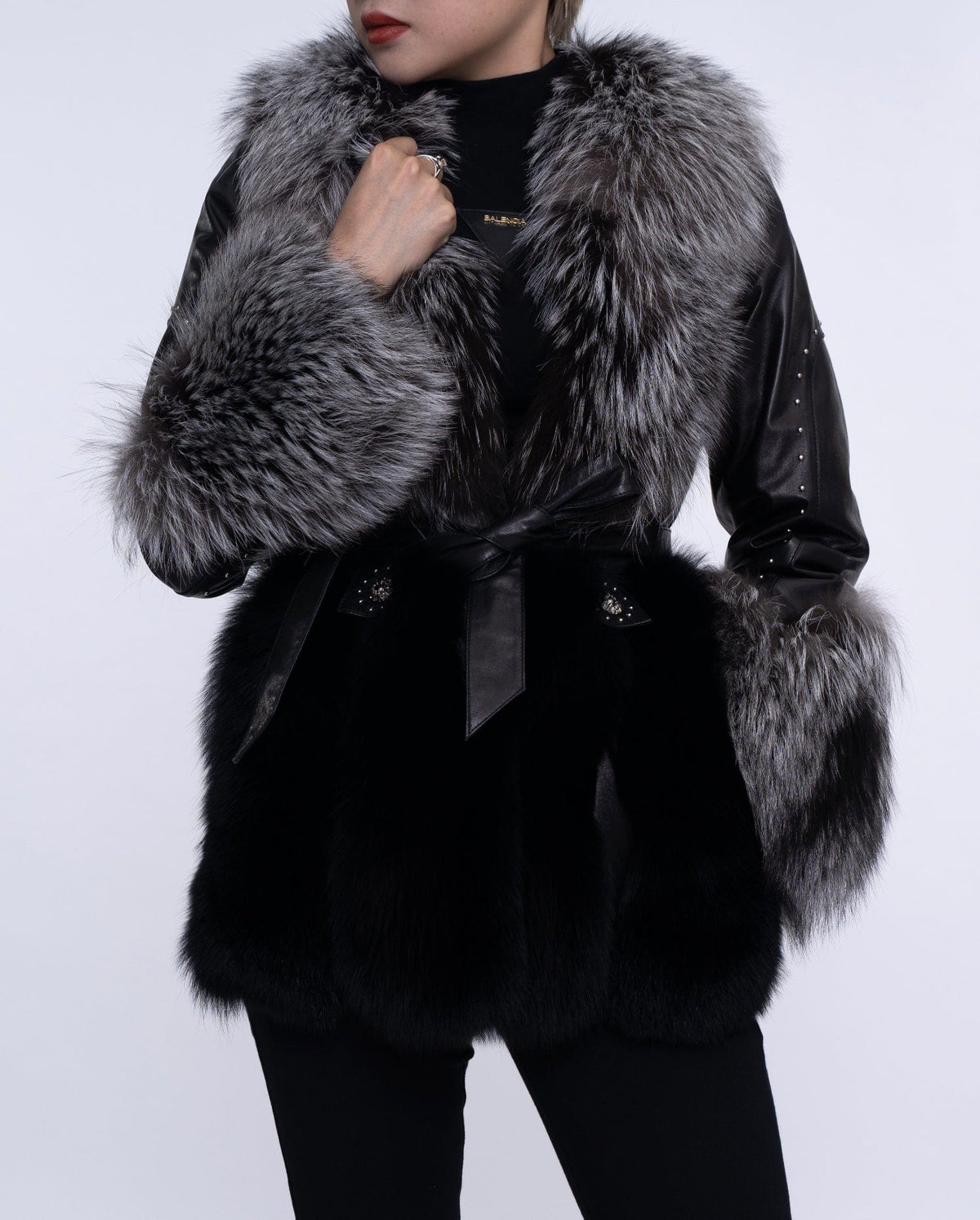 Women's Black Fox Fur Leather Down Jacket with Rivet Design