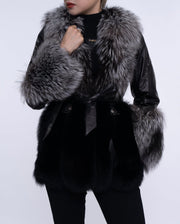 Women's Black Fox Fur Leather Down Jacket with Rivet Design