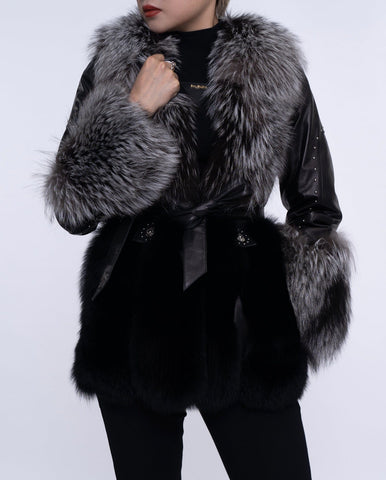 Women's Black Fox Fur Leather Down Jacket with Rivet Design