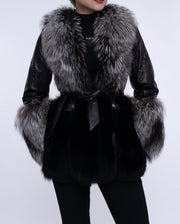 Women's Black Fox Fur Leather Down Jacket with Rivet Design