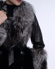 Women's Black Fox Fur Leather Down Jacket with Rivet Design