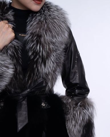 Women's Black Fox Fur Leather Down Jacket with Rivet Design