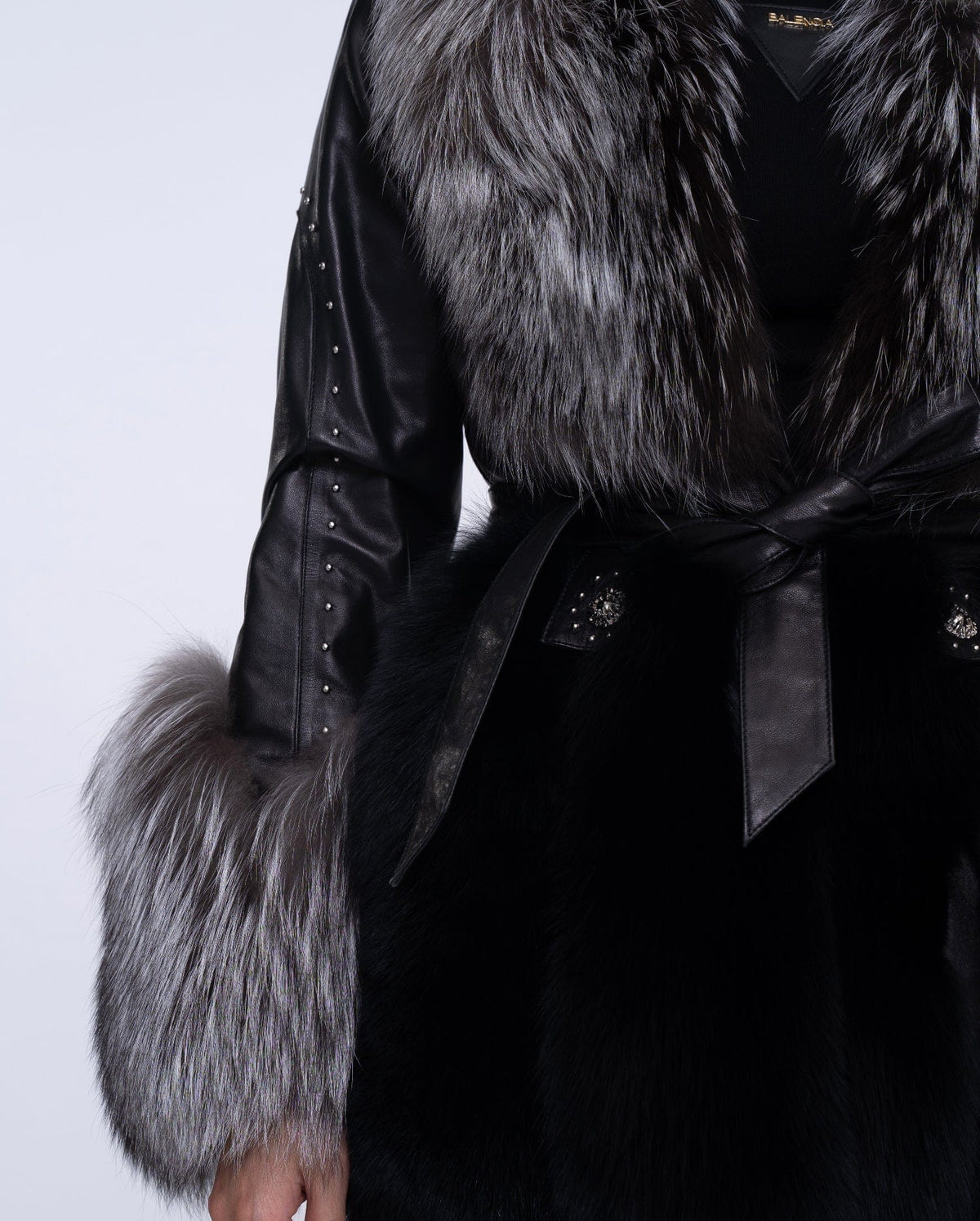 Women's Black Fox Fur Leather Down Jacket with Rivet Design