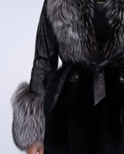 Women's Black Fox Fur Leather Down Jacket with Rivet Design