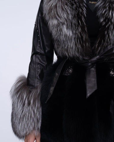 Women's Black Fox Fur Leather Down Jacket with Rivet Design