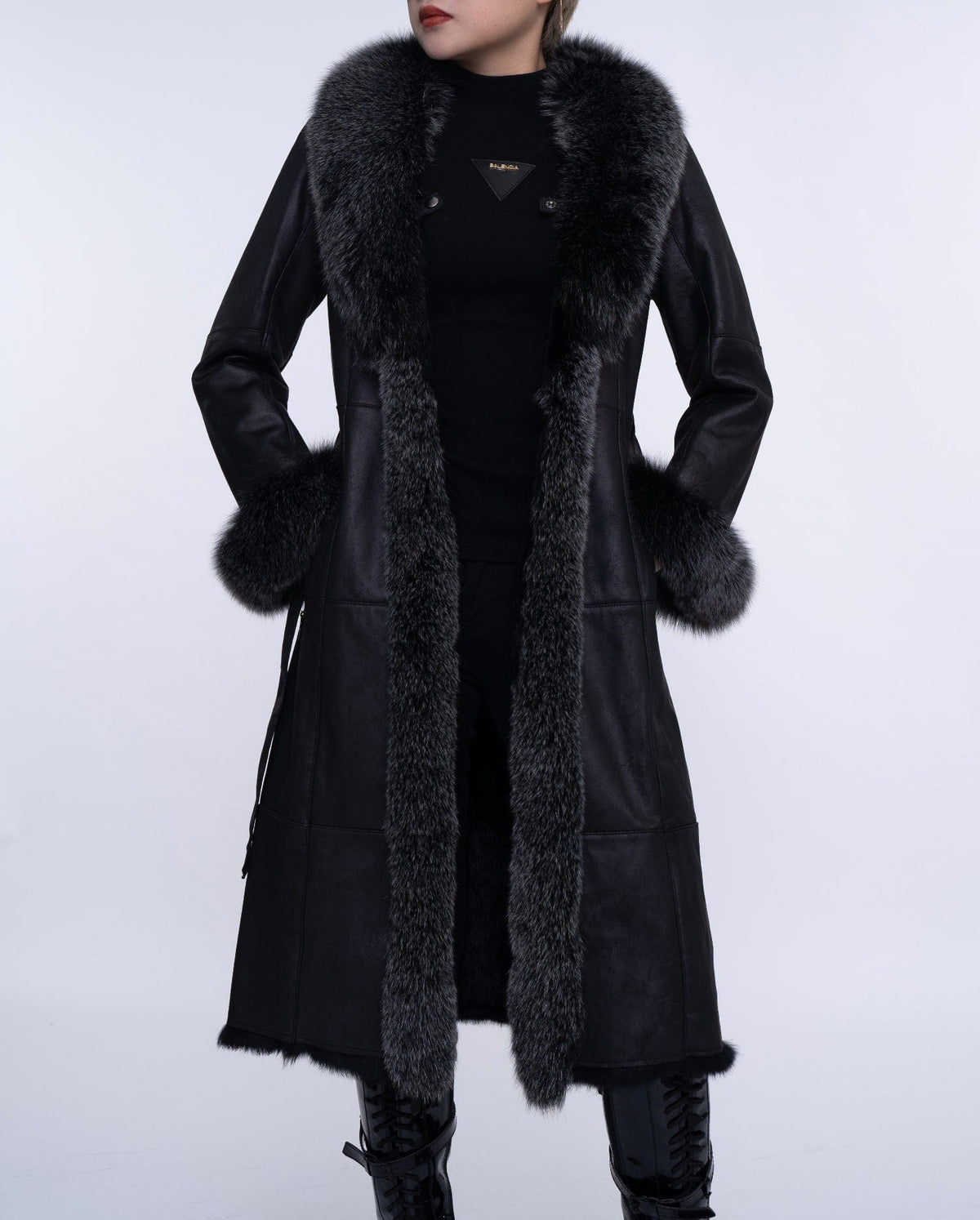 Women's Black Fox Fur Long Leather Coat with Belt