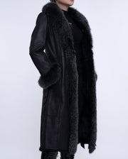 Women's Black Fox Fur Long Leather Coat with Belt
