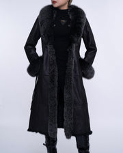 Women's Black Fox Fur Long Leather Coat with Belt