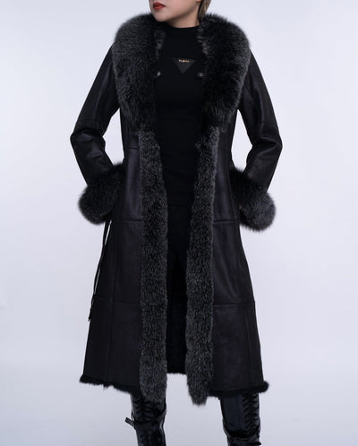 Women's Black Fox Fur Long Leather Coat with Belt