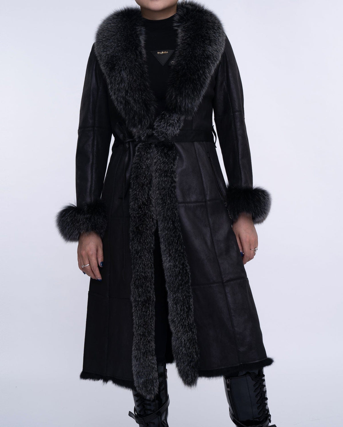 Women's Black Fox Fur Long Leather Coat with Belt