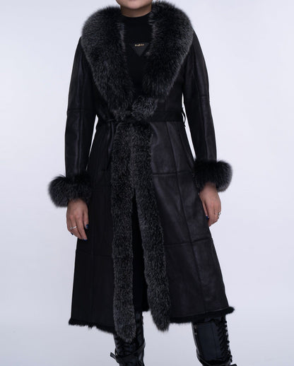 Women's Black Fox Fur Long Leather Coat with Belt