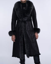 Women's Black Fox Fur Long Leather Coat with Belt