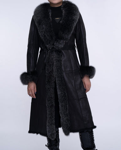 Women's Black Fox Fur Long Leather Coat with Belt