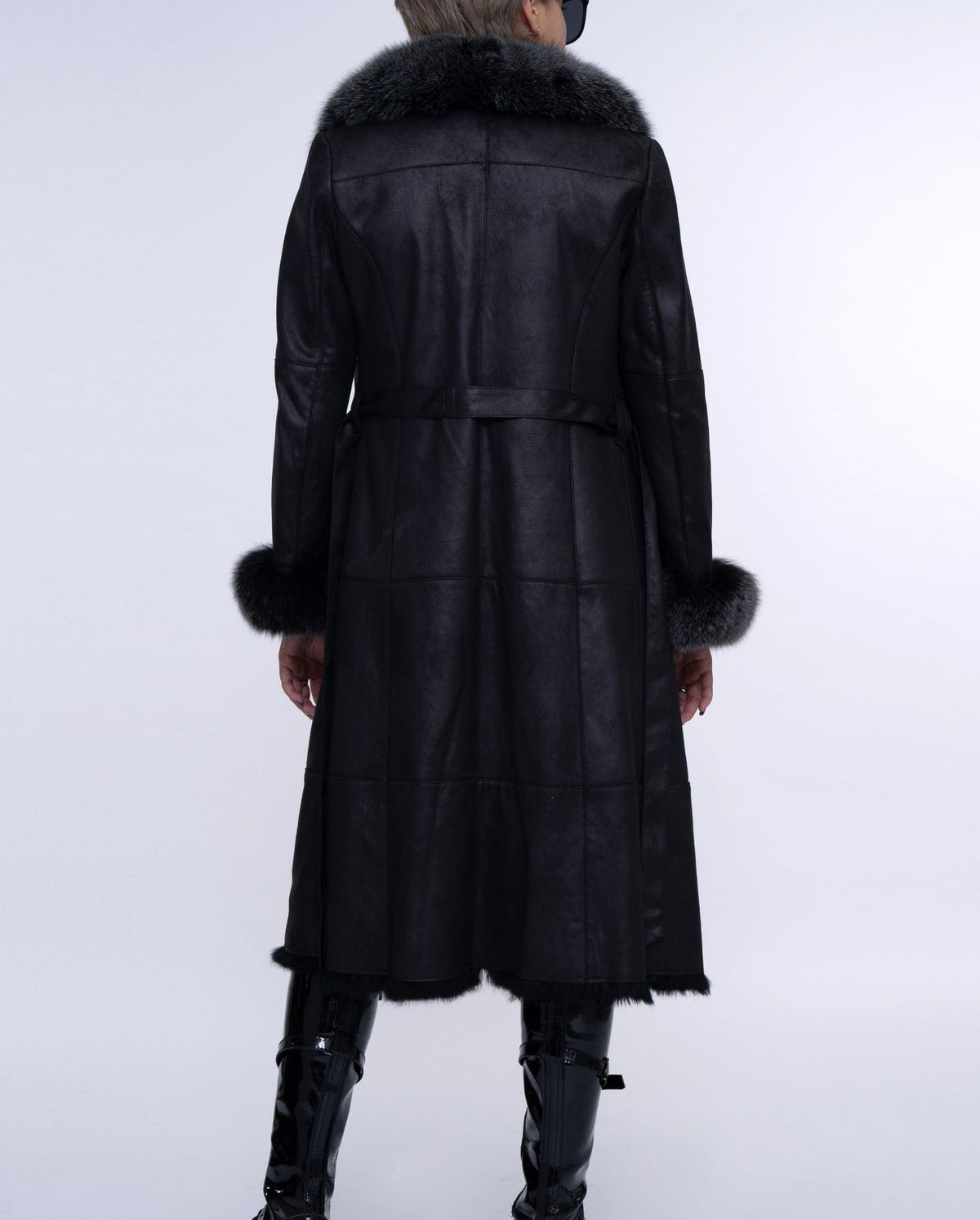 Women's Black Fox Fur Long Leather Coat with Belt