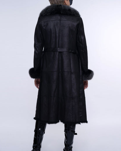 Women's Black Fox Fur Long Leather Coat with Belt